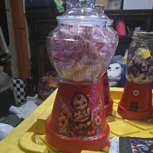 Adorable Red Glass Candy Jar with Monkey Design